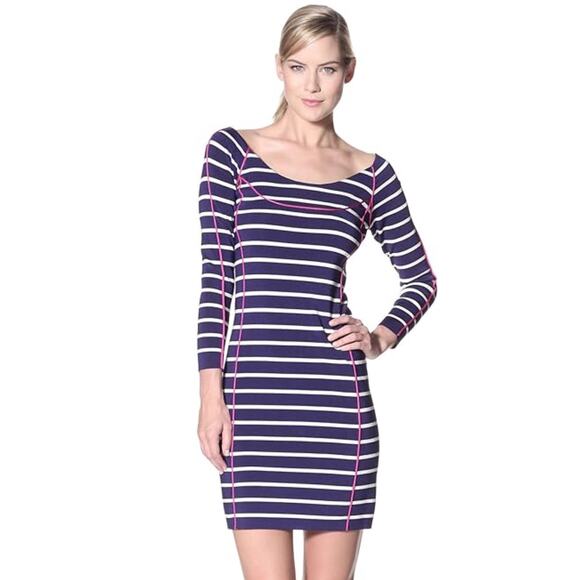 NWOT JESSICA SIMPSON Dress S Stripe Knit Stretch Long Sleeve Knee Royal Blue